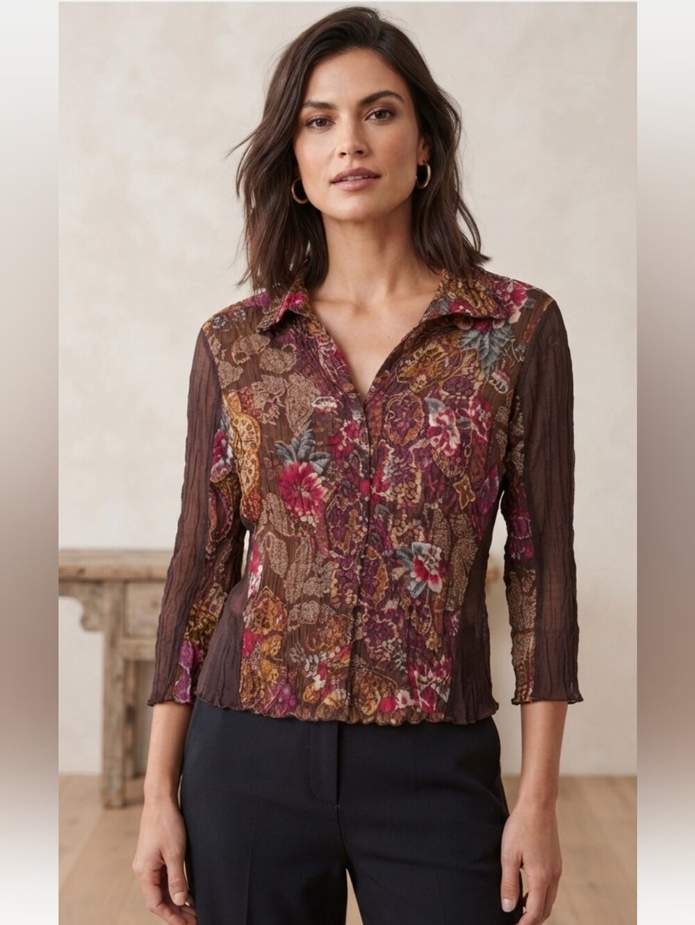 Zba Women's Long Sleeve Sheer Floral Blouse Size Medium NEW